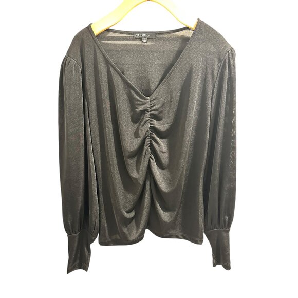 🍒 2/$20 🍒 Long Sleeve Light Weight Bunched Front V-Neck Sheer Blouse sz S - Picture 1 of 7